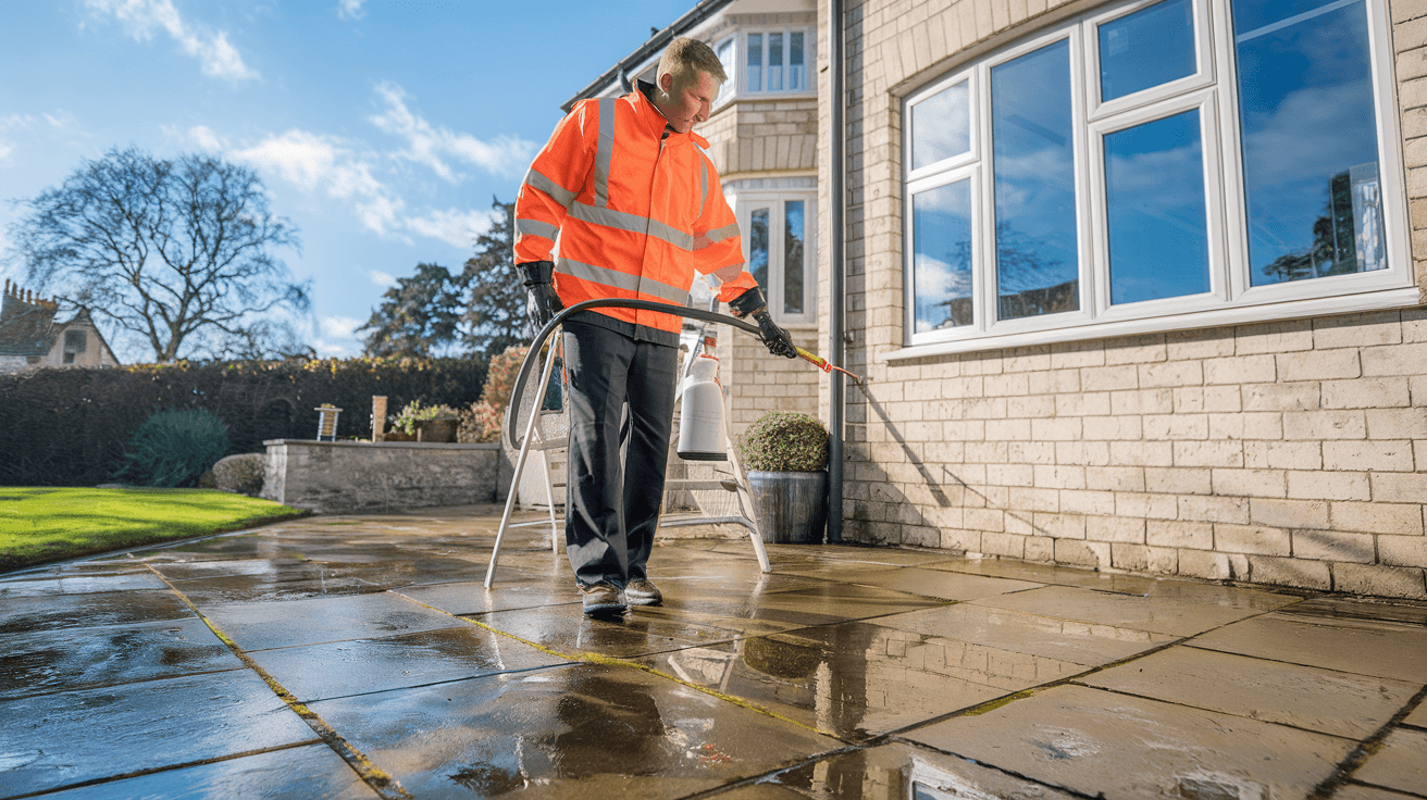 Professional applying moss treatment biocide to patio in Lincolnshire